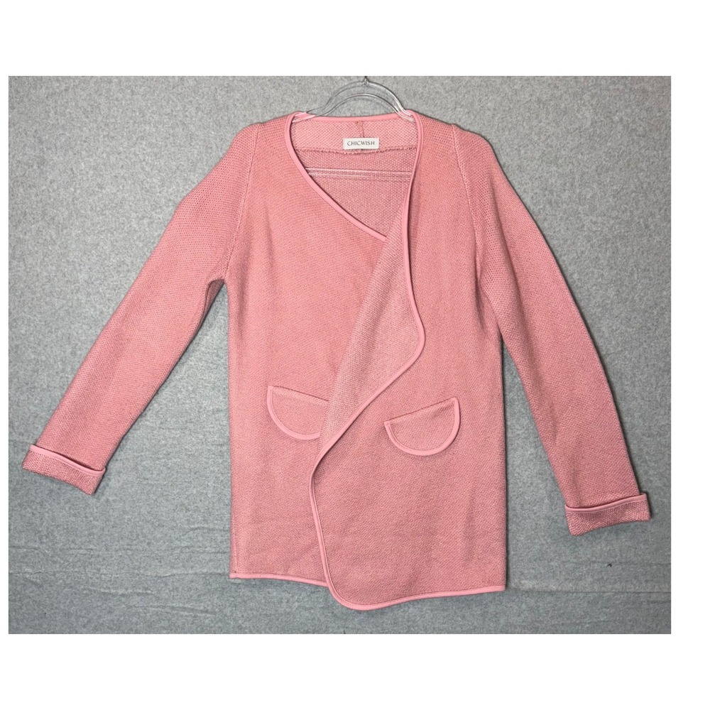Chicwish Knit Cardigan Open Front Pockets Long Sleeve Pink Sweater Size Large‎
